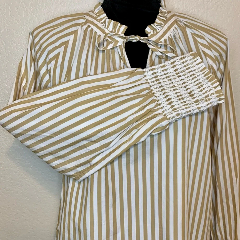 J. Crew ReImagined Popover Top Smocked Cuffs Ruffle Neck Striped Tan White Small
